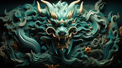 Carved green wooden dragon amulet on dark background