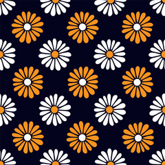 Small beautiful white and orange chamomile flowers isolated on a dark blue background. Cute floral seamless pattern. Vector simple flat graphic illustration. Texture.