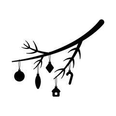 Christmas tree branch with toys icon. Black silhouette. Front side view. Vector simple flat graphic illustration. Isolated object on a white background. Isolate.