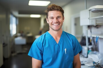 handsome male veterinarian in veterinary clinic with blurred background - obrazy, fototapety, plakaty