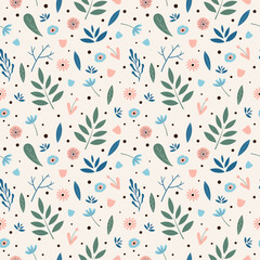 Seamless folk botanical pattern. Hand drawn leaves, flowers and branches in simple style.