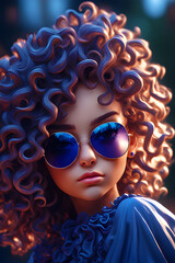 Naklejka premium beautiful young dark blue dress curly hair sunglass ultra hd realistic vivid colors generative ai