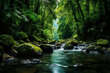 Stunning panorama of lush tropical jungle in Daintree Rainforest National Park, Queensland, Australia. Generative AI - obrazy, fototapety, plakaty