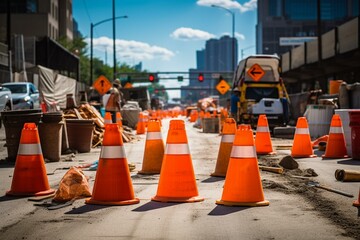 Busy road lane closure for maintenance, detour signs, temporary street work, orange arrow, barrels, cones. Generative AI