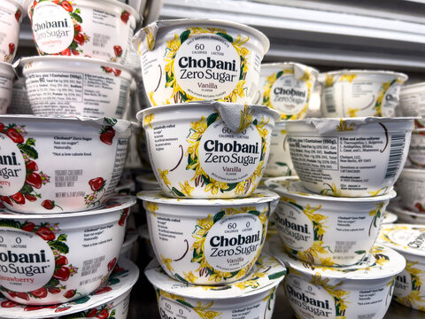 Seattle, WA USA - circa May 2023: Close up view of Chobani yogurt for sale inside a grocery store.
