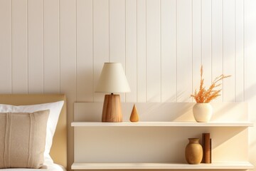 Autumn Bedroom Interior with Beadboard and White Shelf with Wooden Table Lamp and Orange Floral Arrangement in White Pot