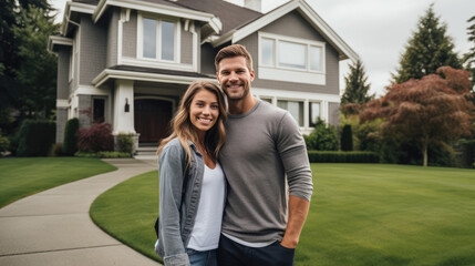Joyful white couple in front of their spacious home and lawn, realizing homeownership dreams through mortgage goals.