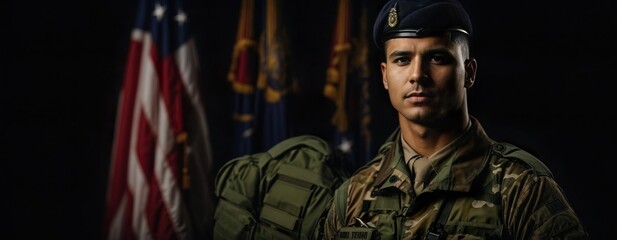 Obraz premium Portrait of male American soldier in his combat uniform. US Soldier in front of black background with flags of the USA and US troops. Generative AI.