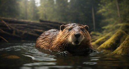 beaver swimming in front of a beaver dam in the river water in a forest. Generative AI. - obrazy, fototapety, plakaty