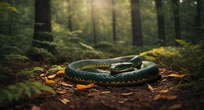 a beautiful dark green snake warming in the sun on the forest ground . Generative AI.