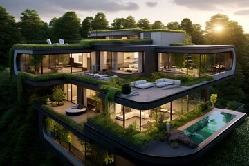 a blend of nature and technology: a sleek home with eco-friendly features and smart devices. Generative AI