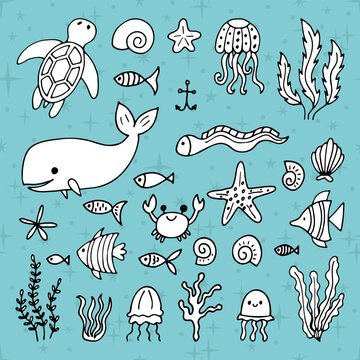 Set of sea animals in hand drawn style. Ocean life. Underwater, under the sea, marine