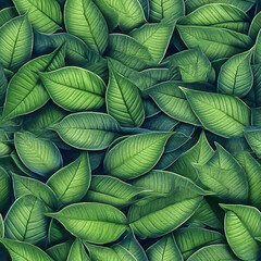 Seamless flat background texture of bright green leaves in different shades.