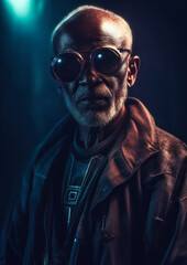 Cyberpunk style elderly black man on a background with conceptual lights for frame