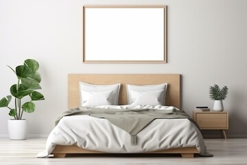 Fototapeta na wymiar Mockup with frame on white wall in bedroom with bed, plaid and plants. 3D rendering. Generative AI