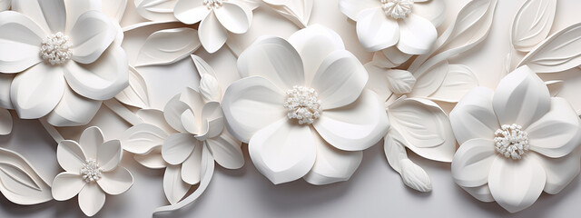 White bright abstract floral flowers leaves 3d tiles wall texture background banner panorama, flower leaf pattern illustration