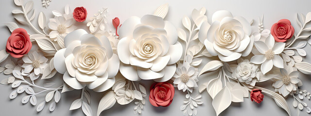 White bright abstract floral flowers leaves 3d tiles wall texture background banner panorama, flower leaf pattern illustration