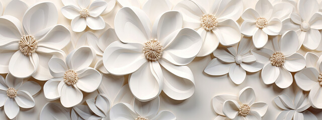 White bright abstract floral flowers leaves 3d tiles wall texture background banner panorama, flower leaf pattern illustration