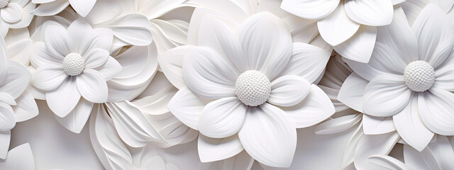 White bright abstract floral flowers leaves 3d tiles wall texture background banner panorama, flower leaf pattern illustration