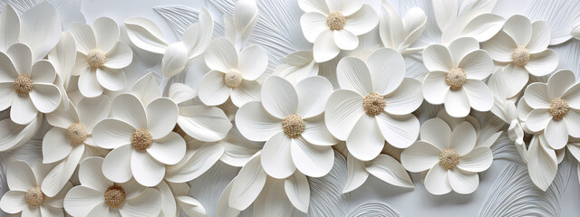 White bright abstract floral flowers leaves 3d tiles wall texture background banner panorama, flower leaf pattern illustration