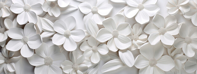 White bright abstract floral flowers leaves 3d tiles wall texture background banner panorama, flower leaf pattern illustration