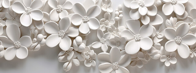 White bright abstract floral flowers leaves 3d tiles wall texture background banner panorama, flower leaf pattern illustration