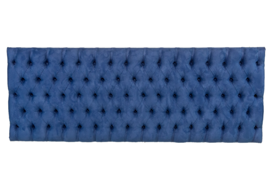 Cabeceira cama box de casal de cor azul. Cabeceira estofada Quenn Size. São Paulo, Brasil. Formato de arquivo png fundo transparente.