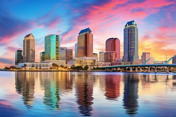 Downtown Tampa skyline on bay at dawn. Generative AI - obrazy, fototapety, plakaty
