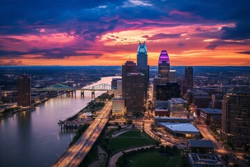 Aerial view of Cincinnati skyline. Generative AI