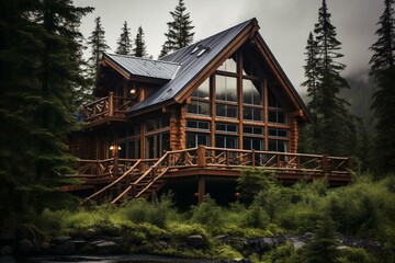 Fototapeta na wymiar A secluded wooden retreat amidst Alaska's untamed nature. Generative AI
