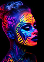 Fototapeta na wymiar Woman with makeup in lines with neon colors on a dark conceptual background for photo frame