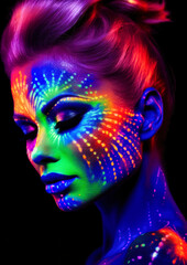 Woman with makeup in neon colors on a dark background conceptual for frame