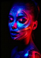 Conceptual makeup feminine in neon colors on a dark background for photo frame