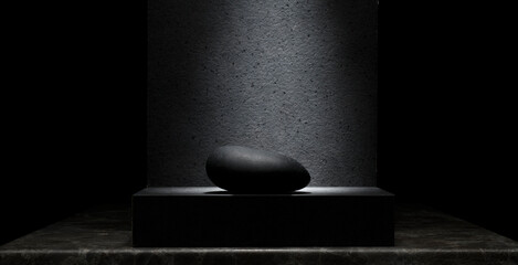 stones for the podium on a dark gray background. black, gray natural stones with texture for product presentation, background, podium. - obrazy, fototapety, plakaty