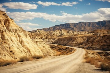 Road trip through Tabernas Desert, Andalusia, Spain. Generative AI - obrazy, fototapety, plakaty