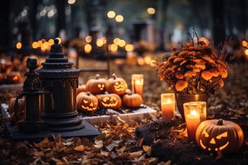 Naklejka premium Garden glow with pumpkins and candles for halloween