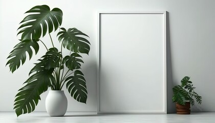 Tropical leaf and frame picture mock up in white room minimal Ai generate