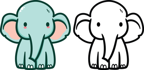 Cute elephant doodle style vector illustration, cartoon  style elephant sitting on the floor colored and black and white line art stock vector image