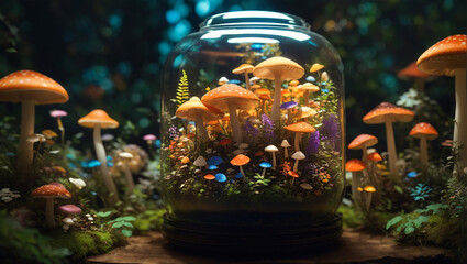A mushroom jungle in a glass jar - AI Generative