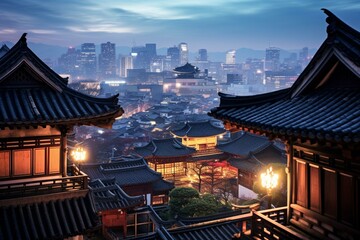 Seoul skyline dominates Bukchon Hanok Village. Generative AI