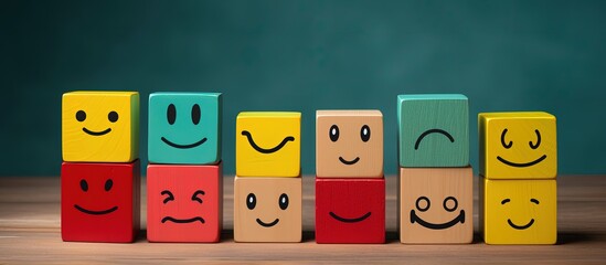 Client satisfaction rating metrics on wooden blocks reflecting unhappy okay and happy faces in red yellow and green colors are used to measure commercial success excellence and obtain KPI an