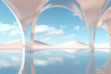 An expansive desert vista featuring shiny metallic forms and curved reflecting arches against a vibrant blue sky. A simple 3D rendered wallpaper. Generative AI