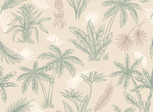 Seamless pattern with palm tree. Outline exotic ornament with tropical plants for wallpapers, packaging and wrap design. Repeating print with banana or coconut trees. Linear flat vector illustration