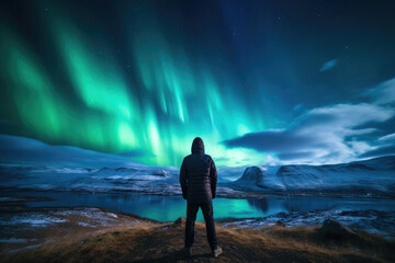 Obraz premium Silhouette of Man Gazing at Northern Lights