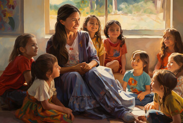 Fototapeta premium Happy teacher with children sitting on the floor around her