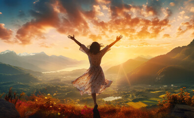 Woman floating in the air while looking at mountain and sunset