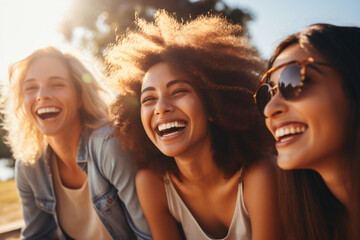 Three women friends laughing together in the park - Powered by Adobe