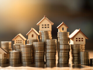 Mini house on stack of coins. Concept of property investment, income , tax, and passive income, Generative Ai