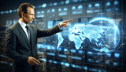businessman touching interface concept world map, futuristic weather forecast using digital AI metaverse screen
