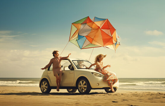 Family of three in a small car on the beach with kite